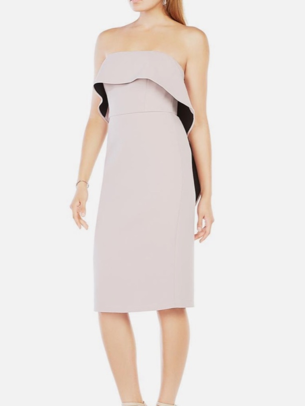 BCBGMaxAzria Montana Strapless Tea Rose and Black Ruffle Combo Dress | 8